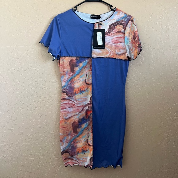 PrettyLittleThing MultiMarble Contrast Seam Block Short Sleeve Bodycon Dress Sz8 - Picture 1 of 6